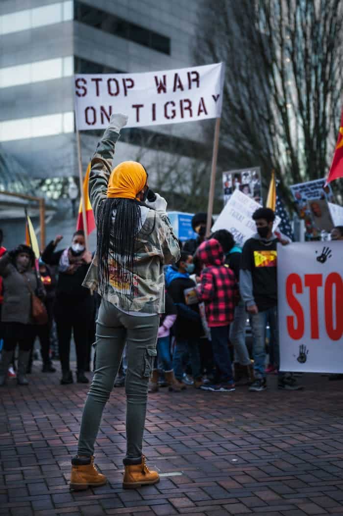 Ethiopian community protesting on city street against war on Tigray